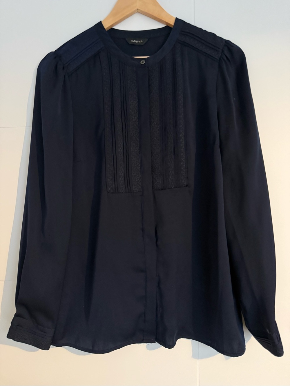 Satin Navy Pintuck Lace-Panel Blouse
